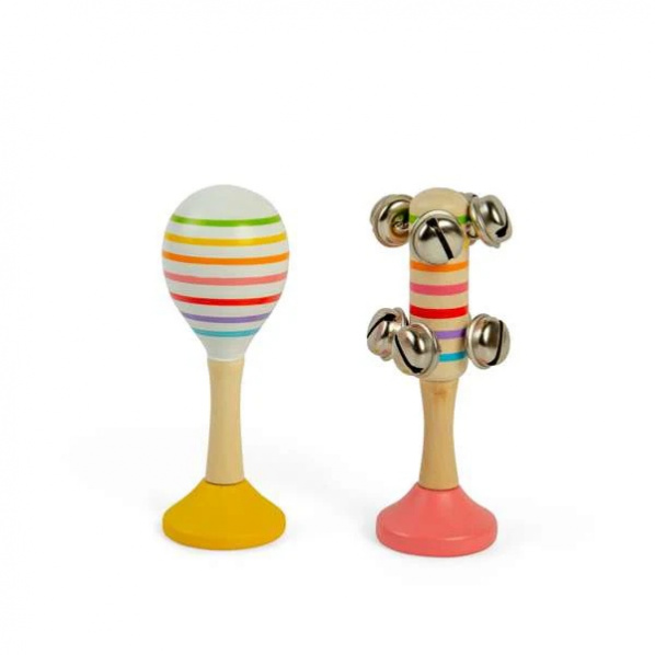 Bigjigs Toys Sada Rumba koule žlutá a rolničky růžové