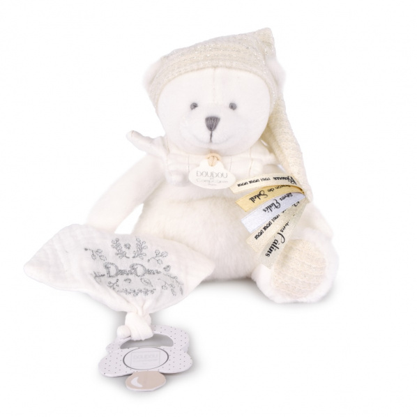 Doudou Dárková sada Plyšový medvídek s úchytem na dudlík a dečkou béžový 20 cm Doudou Dárková sada Plyšový medvídek s úchytem na dudlík a dečkou béžový 20 cm