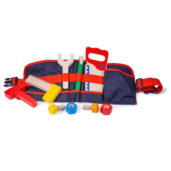 Bigjigs Toys Dřevěné nářadí na červeném opasku Bigjigs Toys Dřevěné nářadí na červeném opasku